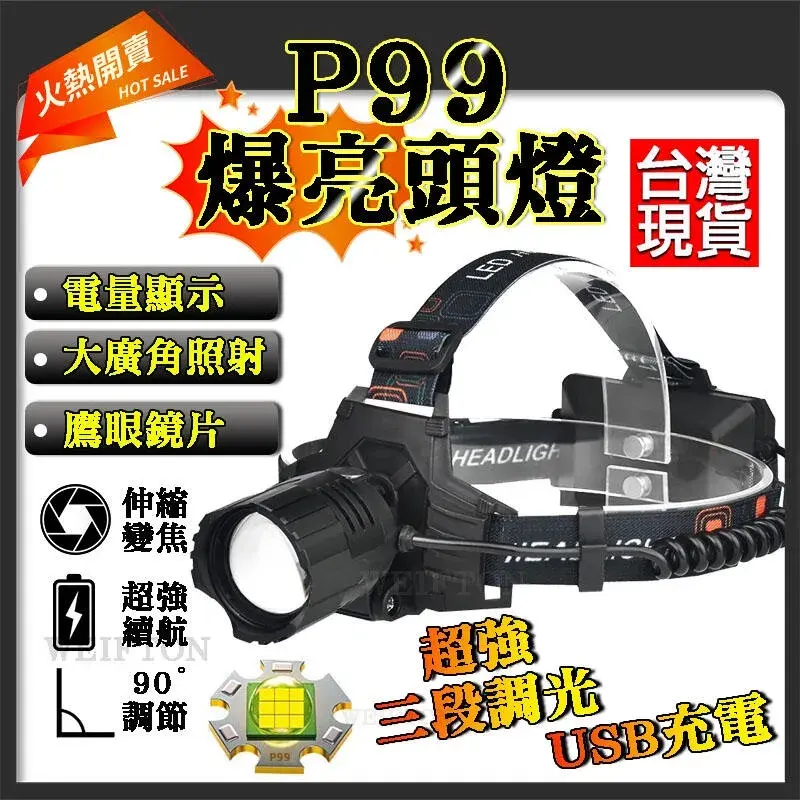 P99 變焦頭燈（3 顆 18650 電池盒）